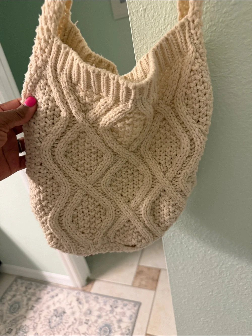 Cream Knit Shoulder Bag - Casual Crochet Sling